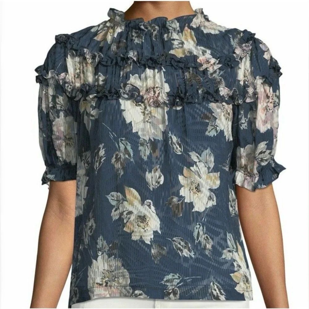 *Rebecca Taylor* EUC SZ 10 Navy Floral Ruffled Short-Sleeve Blouse